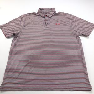 Under Armour Loose HeatGear Golf SS Button Polo Striped Shirt Red Gray